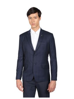 AD By Arvind - Men Navy Patterned Weave Plaid Check Formal Blazer