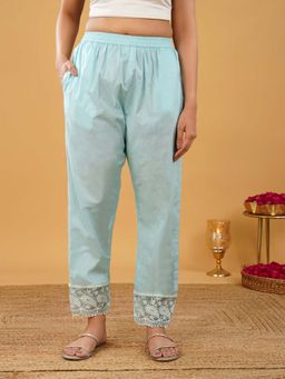 Zuri - Blue Women Mid-Rise Pants with Embroidered Lace Work