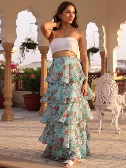 Lavanya The Label - Blue Printed Ruffle Skirt Top (Set of 2)