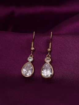 Lilly & Sparkle - Brass Gold Plated Cz Stone Studded Drop Shape Dangler Earrings