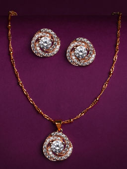 Lilly & Sparkle - Brass Rose Gold Plated Cz Stone Studded Necklace with Stud Earrings