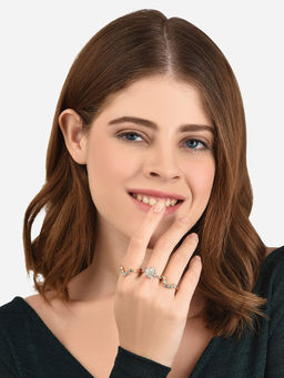 Lilly & Sparkle - Gold-Toned Brass Floral Finger Rings with Cz Stone Embellishments -Set of 3