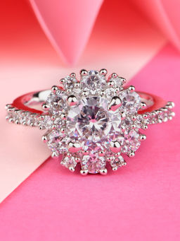 Lilly & Sparkle - Brass Rhodium Plated Floral Adjustable Finger Ring with Cz Stone