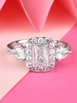 Lilly & Sparkle - Brass Rhodium Plated Adjustable Finger Ring with Cz Stone