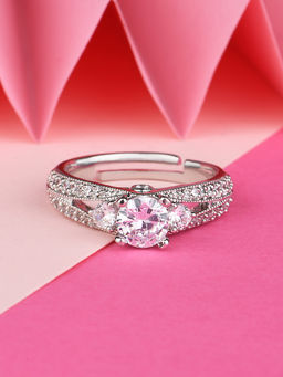 Lilly & Sparkle - Brass Rhodium Plated Adjustable Finger Ring with Cz Stone