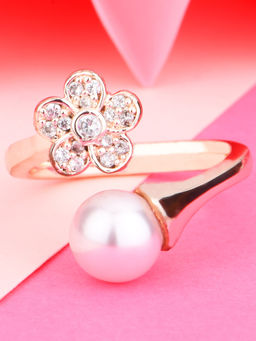 Lilly & Sparkle - Brass Rose Gold Plated Cz Stone & Pearl Studded Open Finger Ring