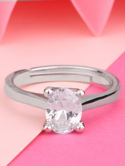 Lilly & Sparkle - Brass Rhodium Plated Ovel Shape Cz Stone Studded Adjustable Finger Ring