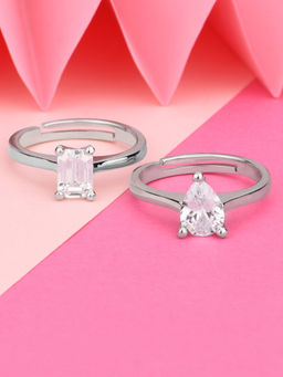 Lilly & Sparkle - Brass Rhodium Plated Set 2 Geometric Shape CZ Stone Studded Adjustable Finger Rings
