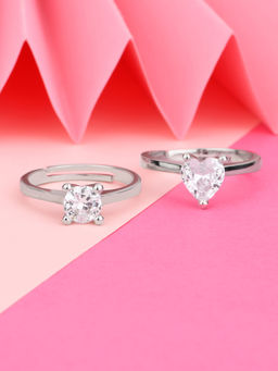 Lilly & Sparkle - Rhodium Plated Brass Set 2 Heart & Round Shape CZ Stone Studded Adjustable Ring