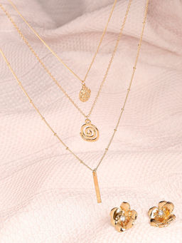 Lilly & Sparkle - Gold Plated Three Layered Necklace & Statement Flower Stud Earrings Set