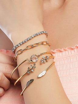 Lilly & Sparkle - Set of 5 Gold Toned Cup Chain & Link Chain 2 Bracelet & 3 Cuffs