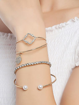 Lilly & Sparkle - Set of 4 Gold Toned 1 Cup Chain, Crystal & Pearl Studded Bracelet & Cuff