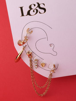 Lilly & Sparkle - Gold Toned Set of 6 Pearl & Crystal Studded Ear Cuff Earrings