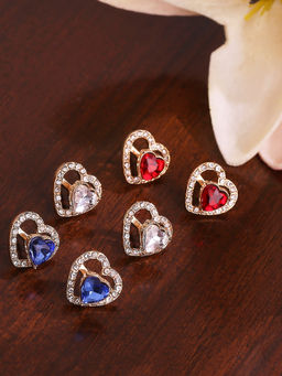 Lilly & Sparkle - Gold Toned Set of 3 Multi Color Stone Studded Heart Stud Earrings