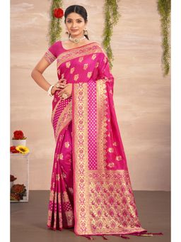 Sangam Prints - Pink Silk Woven Zari Work Traditional Tassel Saree with Unstitched Blouse