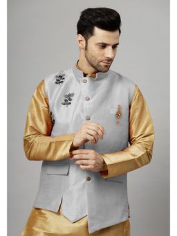 UTSAV FASHION - Grey Men Embroidered Asymmetric Nehru Jacket