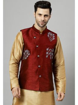 UTSAV FASHION - Maroon Men Embroidered Woven Nehru Jacket