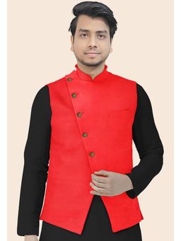 UTSAV FASHION - Red Mandarin Collar Velvet Nehru Jacket