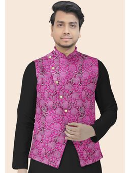 UTSAV FASHION - Magenta Block Printed Art Silk Nehru Jacket In Magenta