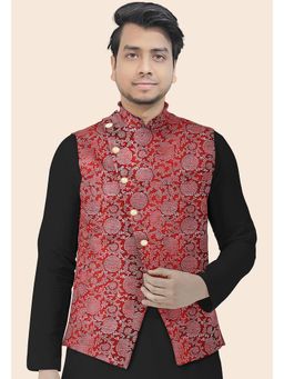 UTSAV FASHION - Maroon Floral Printed Art Silk Nehru Jacket In Maroon