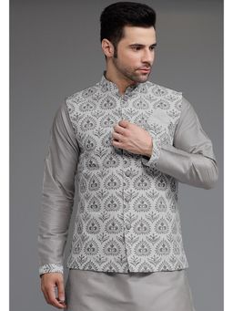UTSAV FASHION - Grey Men Printed Mandarin Collar Georgette Nehru Jacket
