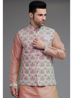 UTSAV FASHION - Peach Men Printed Mandarin Collar Georgette Nehru Jacket
