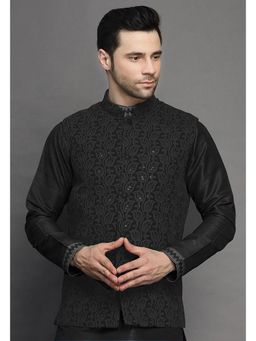 UTSAV FASHION - Black Men Embroidered Mandarin Collar Georgette Nehru Jacket