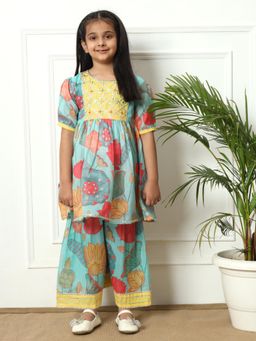 Readiprint - Frock Style Kota Doria Sea Green Kurta with Sharara (Set of 2)