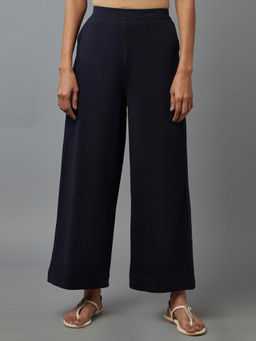 Elleven - Eleven Navy Blue Cotton Lycra Straight Palazzo