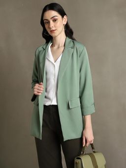 DL WOMAN - Sage Green Solid Lapel Collar Full Sleeves Regular Fit Blazer