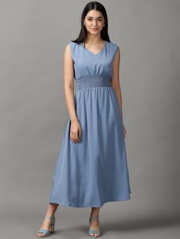 SHOWOFF - Womens Round Neck Maxi Blue Solid Dress