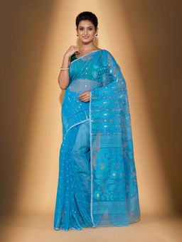 Beatitude - Blue Cotton Silk Jacquard Jamdani Saree with Unstitched Blouse