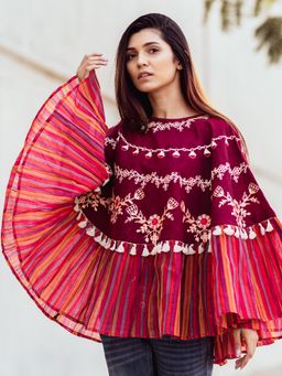 Mesmora - Deep Wine Mustard Frill Circular Poncho With 3D Poncho