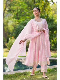 Scakhi - Pink Mulmul Sequin Embroidered Anarkali Kurta with Pant & Dupatta (Set of 3)
