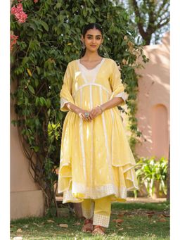 Scakhi - Yellow Mulmul Embroidered Anarkali Kurta with Pant & Dupatta (Set of 3)