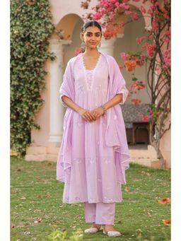 Scakhi - Lavender Mulmul Embroidered & Handwork Anarkali Suit Set With Dupatta (Set of 3)