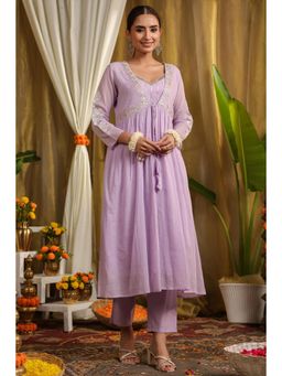 Scakhi - Lavender Mulmul Gota Work Inner with Pant & Shrug (Set of 3)