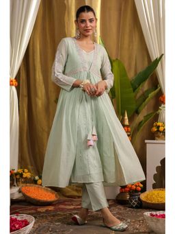 Scakhi - Pista Green Mulmul Gota Work Inner with Pant & Shrug (Set of 3)