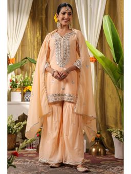 Scakhi - Peach Mulmul Gota Handwork Kurta with Sharara & Dupatta (Set of 3)