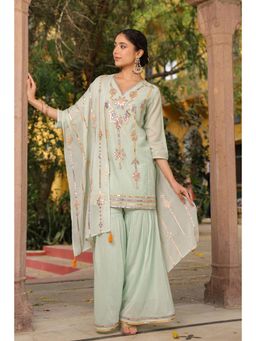 Scakhi - Pista Green Mulmul Gota Embroidered Kurta with Sharara & Dupatta (Set of 3)