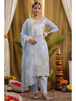 Scakhi - Blue Cotton Gota & Mirror Work Kurta with Pant & Dupatta (Set of 3)