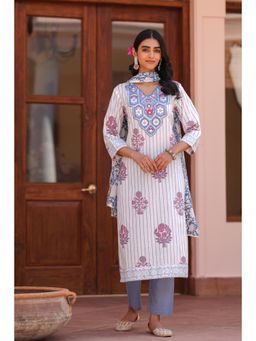 Scakhi - Blue Cotton Block Printed Embroidered Straight Kurta with Pant & Dupatta (Set of 3)