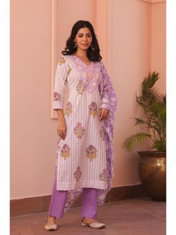 Scakhi - Lavender Cotton Block Printed Embroidered Straight Kurta with Pant & Dupatta (Set of 3)