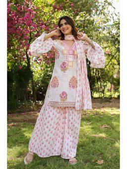 Scakhi - Pink Cotton Cambric Block Printed Embroidered Kurta with Sharara & Dupatta (Set of 3)
