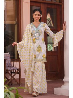 Scakhi - Yellow Cotton Cambric Block Printed Embroidered Kurta with Sharara & Dupatta (Set of 3)