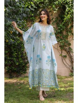 Scakhi - Blue Stripes Floral Cotton Block Printed Kaftan with Pant (Set of 2)