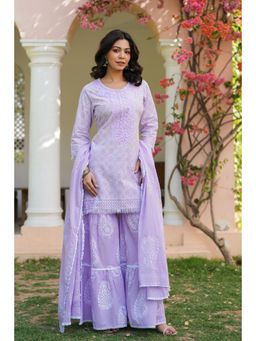 Scakhi - Lavender Cotton Cambric Khari Printed Kurta with Sharara & Dupatta (Set of 3)