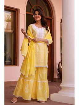 Scakhi - Yellow Cotton Cambric Khari Printed Kurta with Sharara & Dupatta (Set of 3)