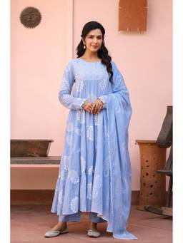 Scakhi - Blue Cotton Mulmul Khari Printed Tiered Anarkali Kurta with Pant & Dupatta (Set of 3)