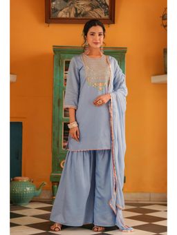 Scakhi - Blue Chanderi Silk Zari Embroidered Kurta with Sharara & Dupatta (Set of 3)